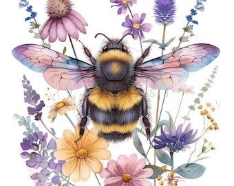 12 Bee And Wildflowers Clipart, Watercolor Bee In Flowers Clipart, Printable High Quality JPGs, Digital download, Paper craft, Junk journals
