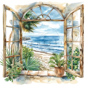 12 Window Ocean View Clipart, Watercolor Window Sea Scenery, Printable High Quality JPGs Images, Digital Download, Paper craft, Junk journal