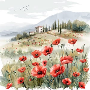 11 Franse landschap clipart, aquarel Fields of Poppy-illustraties, afdrukbare hoge kwaliteit JPG's, Digitale download, Papercraft, Ongewenste tijdschriften