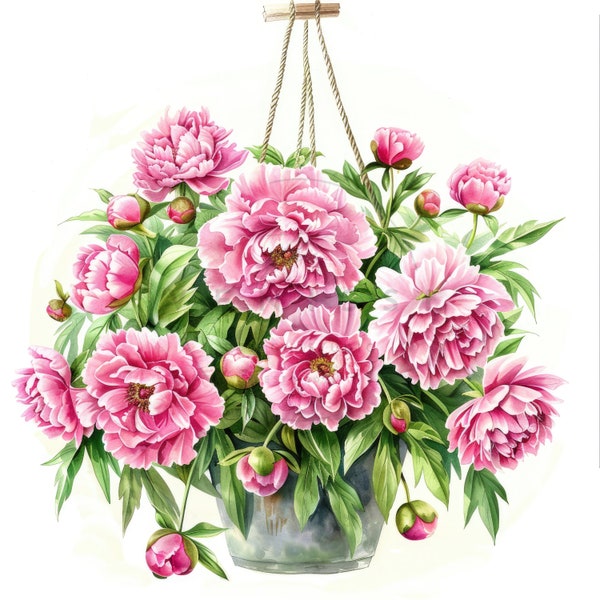 18 Watercolor Peonies Flowers In Hanging Pot Clipart Bundle, Peonies Clipart, High Quality JPGs, Digital download, Paper craft, Junk journal