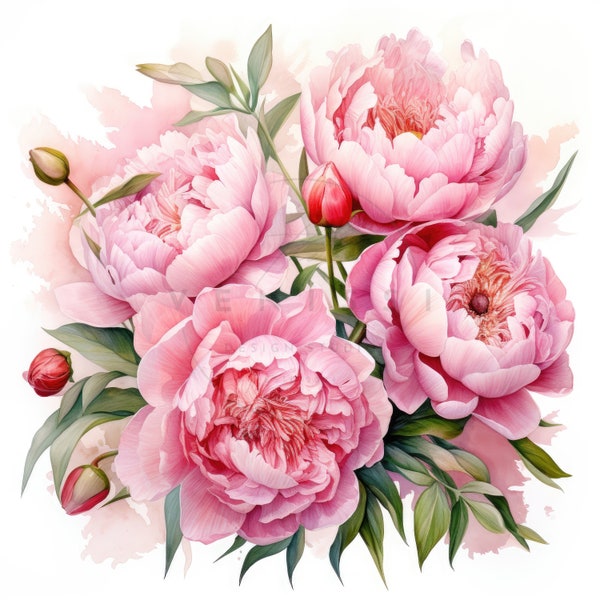 11 Watercolor Peonies Flowers Bouquet Clipart Bundle, Pink Peonies Clipart, High Quality JPGs, Digital download, Paper craft, Junk journals