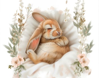 Easter Bunny Sleeping Rabbit Clipart High Quality 1 JPG  Watercolor Floral Printable Flowers Spring Digital Wall Art Card Making Print P21