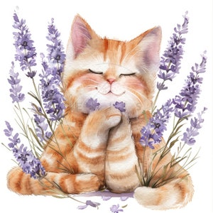 15 imágenes prediseñadas de gato con lavanda, imágenes prediseñadas de gato y flores, imágenes prediseñadas de acuarela imprimibles, JPG de alta calidad, descarga digital, artesanía en papel