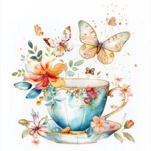 16 Floral Teetasse mit goldenen Glitter Clipart, Aquarell Tasse Tee Clipart, Qualität JPGs, digitaler Download, Papierhandwerk, Junk Journals