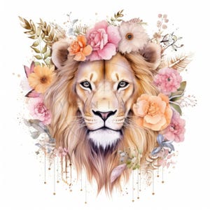 15 Clipart de cabeça de leão, impressão floral em aquarela de leão, clipart Safari, JPG de alta qualidade para impressão, download digital, artesanato em papel, diário indesejado