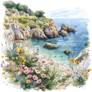12 Clipart della costa floreale francese, ClipArt della costa francese dell'acquerello, JPG stampabili di alta qualità, download digitale, artigianato di carta, diari spazzatura