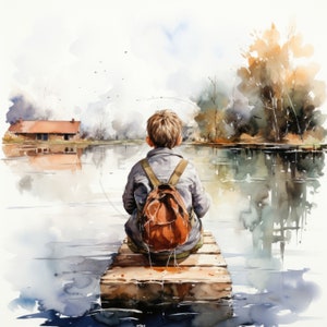 18 imágenes prediseñadas de pesca para niños, imágenes prediseñadas para niños pescadores en acuarela, niños con caña, JPG de alta calidad, descarga digital, artesanía en papel, diarios basura