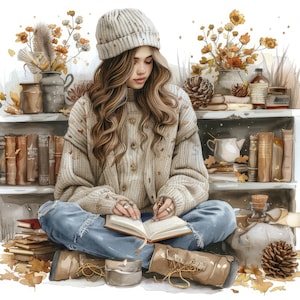 18 Clipart di libri di lettura per ragazze, Studente di acquerello con clipart di libri, JPG stampabili di alta qualità, download digitale, artigianato con la carta, diario spazzatura