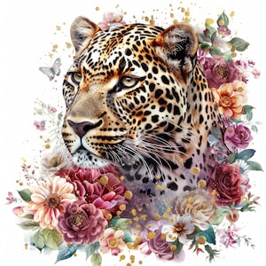 15 Floral Leopard With Golden Glitter Clipart, Wild Animal Clipart, Printable High Quality JPG, Digital download, Paper craft, Junk journal