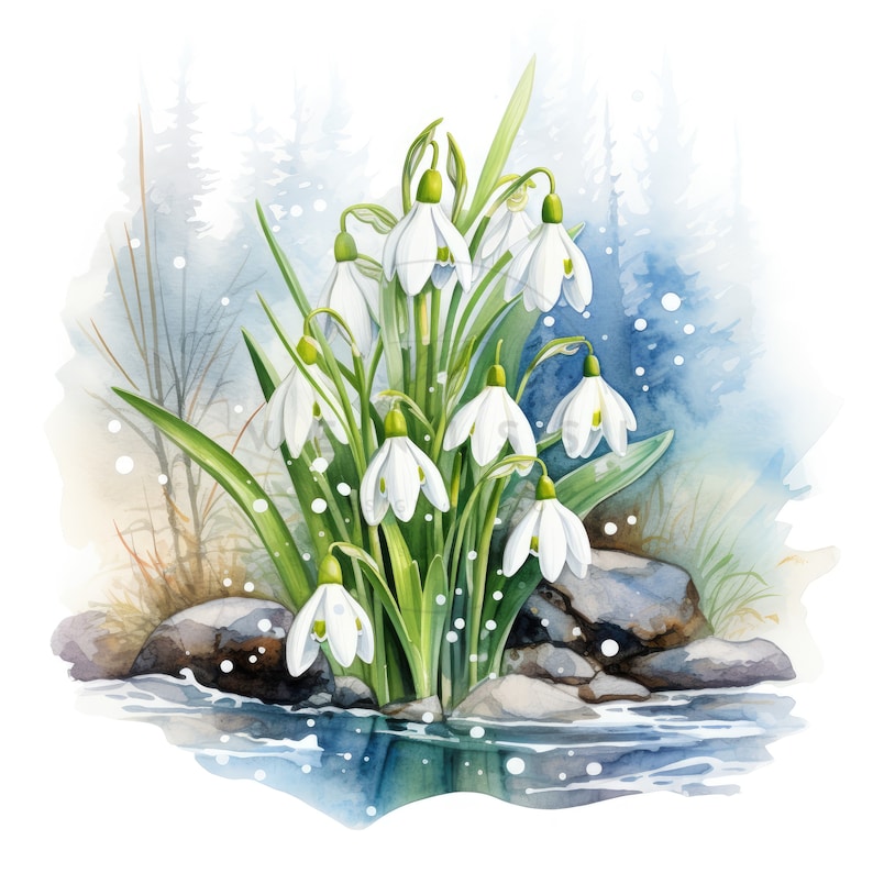 15 Watercolor Snowdrops Clipart, Spring White Flowers Clipart ...