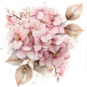18 Pink Hydrangea With Golden Glitter Clipart Bundle, Watercolor Hydrangea, High Quality JPGs, Digital download, Paper craft, Junk journals