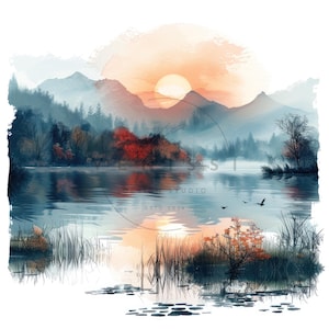 20 Lake At Sunrise Landscape Clipart, Watercolor Lake Clip Art, Printable High Quality JPGs, Digital download, Paper craft, Junk journals