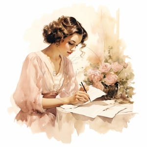 20 imágenes prediseñadas de mujer escribiendo vintage, imágenes prediseñadas de escritora en acuarela, archivos JPG imprimibles de alta calidad, descarga digital, manualidades de papel, diario basura
