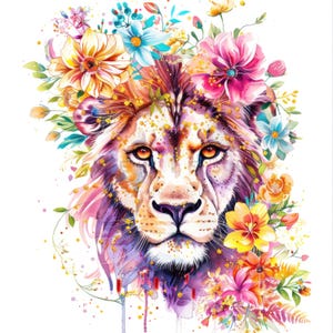 16 Clipart de leão, leão aquarela em flor colorida, clipart Safari, JPG de alta qualidade para impressão, download digital, artesanato em papel, diário indesejado