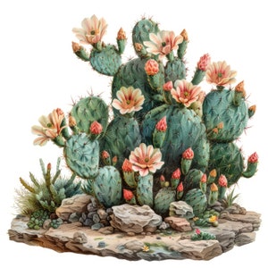 Ensemble de 15 cliparts aquarelle vintage cactus en fleurs, clipart désert, fichiers JPG imprimables de haute qualité, téléchargement numérique, créations en papier, journaux indésirables
