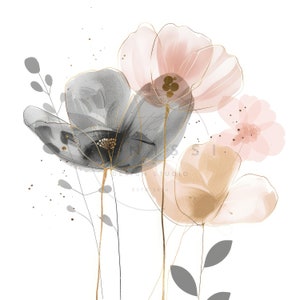 10 Abstrakt Blush Rosa Grau Gold Blumen Clipart, druckbare hochwertige JPGs, digitaler Download, Papiermodell, Junk Journals, digitaler Aufkleber