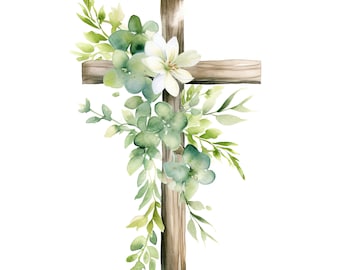 25 Easter Christian Crucifix Cross Clipart Watercolor Cross Greenery Clipart, High Quality, Digital download, Paper craft, junk journals #12