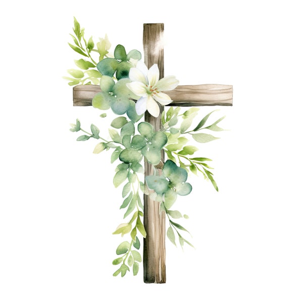 25 Ostern christlichen Kruzifix Kreuz Clipart Aquarell Kreuz Greenery Clipart, hohe Qualität, digitaler Download, Papierhandwerk, Junk Journals #12
