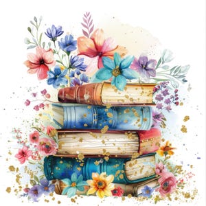 16 bloemen boeken stapel clipart, aquarel stapel boeken clipart, afdrukbare hoge kwaliteit jpg's, digitale download, Papercraft, Junk journals