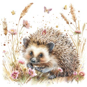12 Hedgehog In Grass And Flowers Clipart, Aquarela Hedgehog Print, JPG de alta qualidade para impressão, download digital, papel artesanal, lixo eletrônico