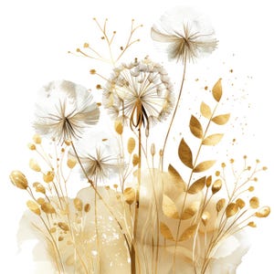 11 aquarel paardebloem bladgoud bladeren clipartset, abstracte bloemen, afdrukbare hoge kwaliteit jpg's, digitale download, Papercraft, Junk Journal