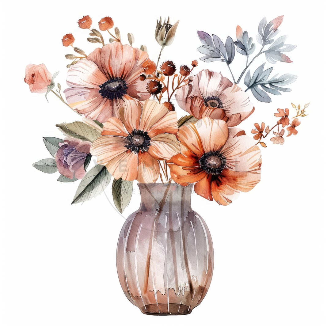 10 Watercolor Flowers in Vase Clipart, Pastel Flowers Bouquet Clipart ...