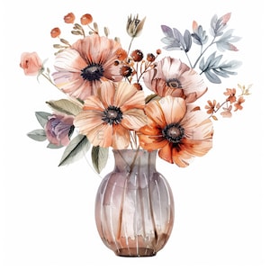 10 fleurs aquarelles dans un vase, Clipart Bouquet de fleurs pastel, fichiers JPG de haute qualité, téléchargement numérique imprimable, créations en papier