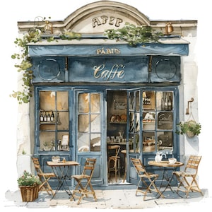 15 Café en París Clipart, Acuarela Paisaje urbano francés Clip Art, JPG imprimibles de alta calidad, Descarga digital, Artesanía en papel, Diarios basura
