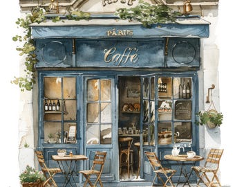 May include: A watercolour painting of a Parisian cafe with a blue awning and the words "Paris Caffe" above the entrance. The cafe has a wooden door and windows, and there are tables and chairs outside.