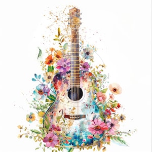 15 Floral Guitar Clipart, aquarel gitaar met gouden glitter clipart, hoge kwaliteit JPG's, digitale download, papier ambachtelijke, ongewenste tijdschriften