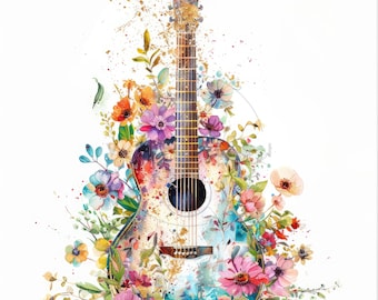 May include: A watercolor painting of an acoustic guitar with a floral design. The guitar is painted in shades of blue, green, and yellow, and the flowers are in shades of pink, purple, and white.