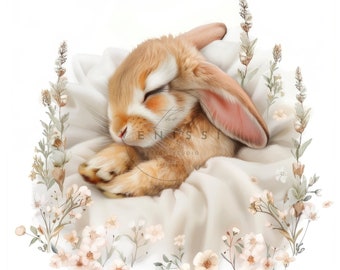 Easter Bunny Sleeping Rabbit Clipart High Quality 1 JPG  Watercolor Floral Printable Flowers Spring Digital Wall Art Card Making Print P27