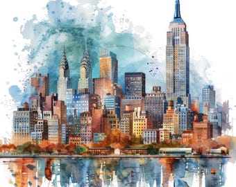 10 New York City Panorama Clipart, Watercolor New York Clipart, Printable High Quality JPGs, Digital download, Paper craft, Junk journals