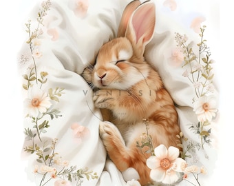 Easter Bunny Sleeping Rabbit Clipart High Quality 1 JPG  Watercolor Floral Printable Flowers Spring Digital Wall Art Card Making Print P28