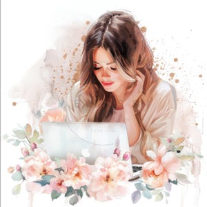 15 donna che lavora su clipart per laptop, donna con clipart per laptop, JPG stampabili di alta qualità, download digitale, artigianato con la carta, diari spazzatura