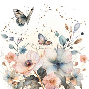 Clipart di composizione di 18 fiori, clipart di fiori con farfalle, acquerello stampabile, JPG di alta qualità, download digitale, artigianato con la carta