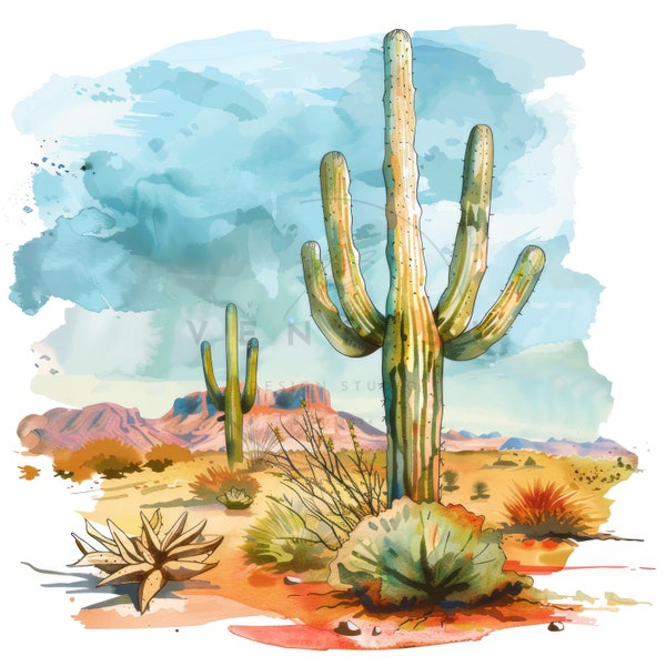 12 Watercolor Cactus In Desert Landscape Clipart Set, Desert Plant, Printable High Quality JPGs, Digital download, Paper craft, Junk journal