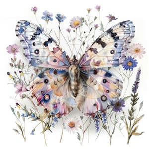 14 Clipart di farfalle vintage con fiori di campo, Clipart di farfalle ad acquerello, JPG di alta qualità, Download digitale, Artigianato di carta, Diari spazzatura