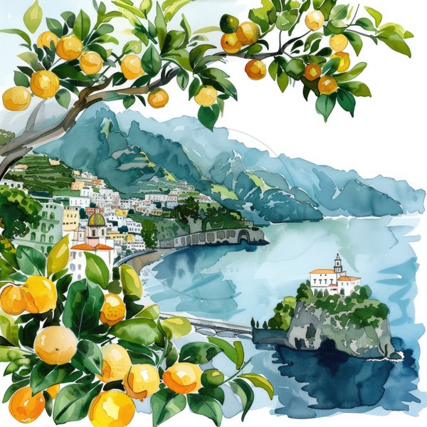 15 Italian Coast Clipart, Watercolor Amalfi Citrus Coast Clip Art, Printable High Quality JPGs, Digital download, Paper craft, Junk journals