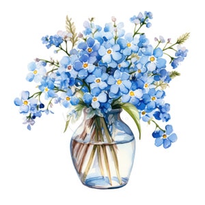 Lot de 12 cliparts fleurs dans un vase, Forget Me Not aquarelles, JPG haute qualité, Téléchargement numérique, Créations en papier et Carnets indésirables