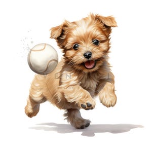 16 Welpe spielt Baseball Clipart, Aquarell kleiner Hund Clipart, Hunde Clipart, druckbare hochwertige JPG, digitaler Download, Papiermodell