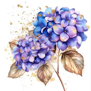 15 Colorful Hydrangea With Golden Glitter Clipart Bundle, Watercolor Hydrangea, Quality JPGs, Digital download, Paper craft, Junk journals