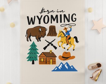 Born in Wyoming Baby Fleece Blanket | Western Cowboy Bison Cabin Mountain Icons