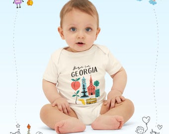 Georgia state icons Onesie | Peach, skyline, trolley, lighthouse baby bodysuit