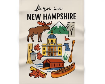 Born in New Hampshire Baby Fleece Blanket | State Map Moose Canoe Covered Bridge