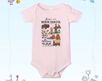 Body para bebé de Dakota del Norte / Body de bebé de una pieza con iconos de la pradera vintage