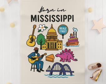 Born in Mississippi Baby Fleece Blanket | State Icons Riverboat Guitar Beale Street
