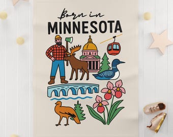 Born in Minnesota Baby Fleece Blanket | State Icons Moose Loon Flowers