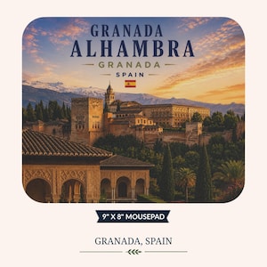 May include: A rectangular mousepad measuring 23 cm by 20 cm featuring a sunset view of the Alhambra in Granada, Spain. The text reads GRANADA ALHAMBRA GRANADA SPAIN with a small Spanish flag icon above the historic stone fortress and mountains.
