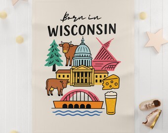 Born in Wisconsin Baby Fleece Blanket | State Icons, Cheese, Capitol, Cow, Beer